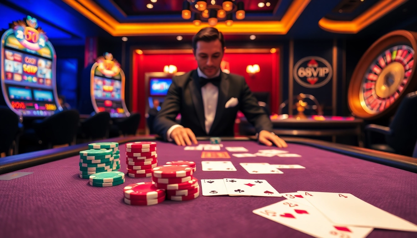 Experience thrilling gameplay at 68VIP's luxurious casino with vibrant poker chips and cards.