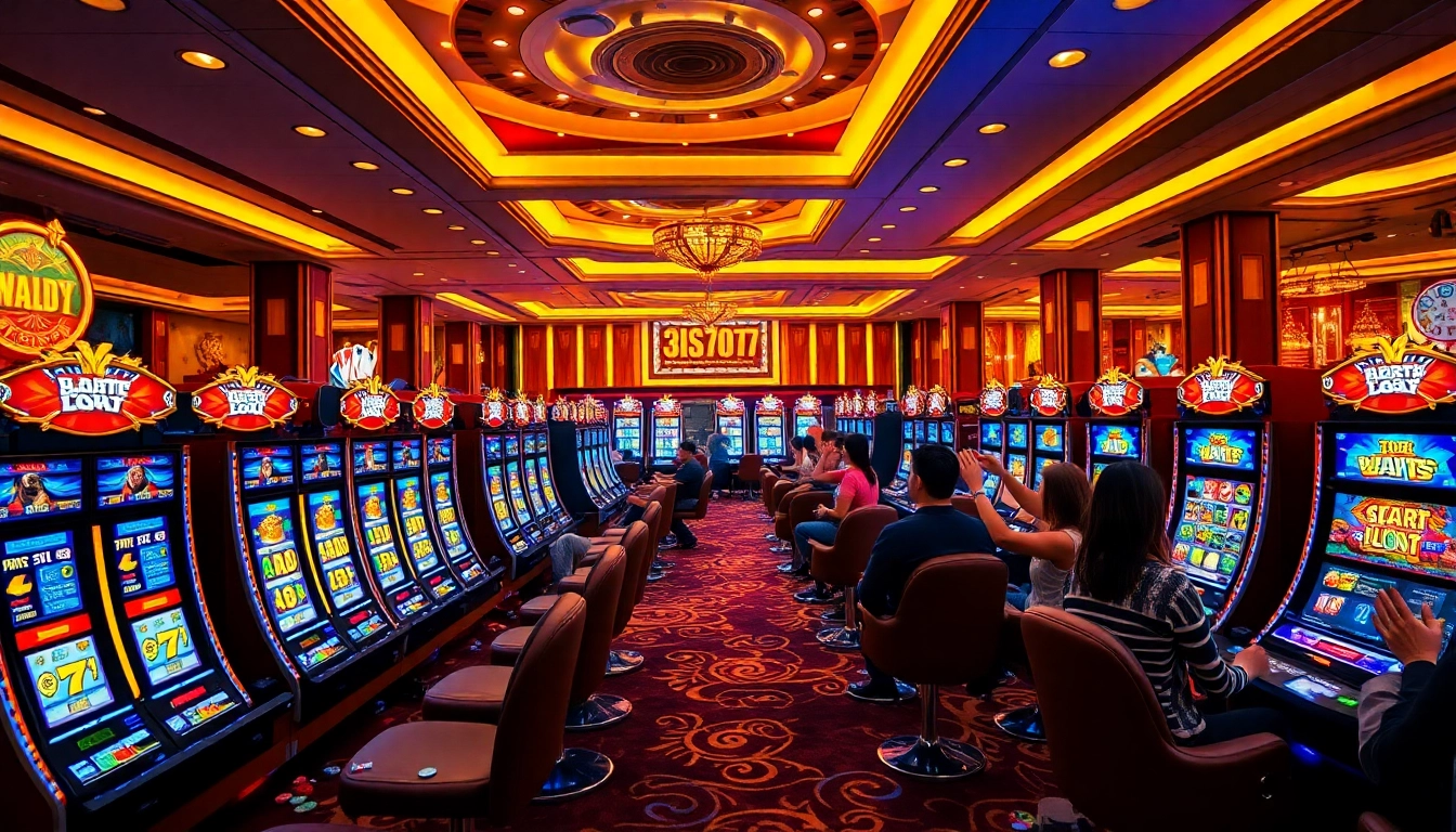 Winning players celebrate at slot777 machines in a luxurious casino.