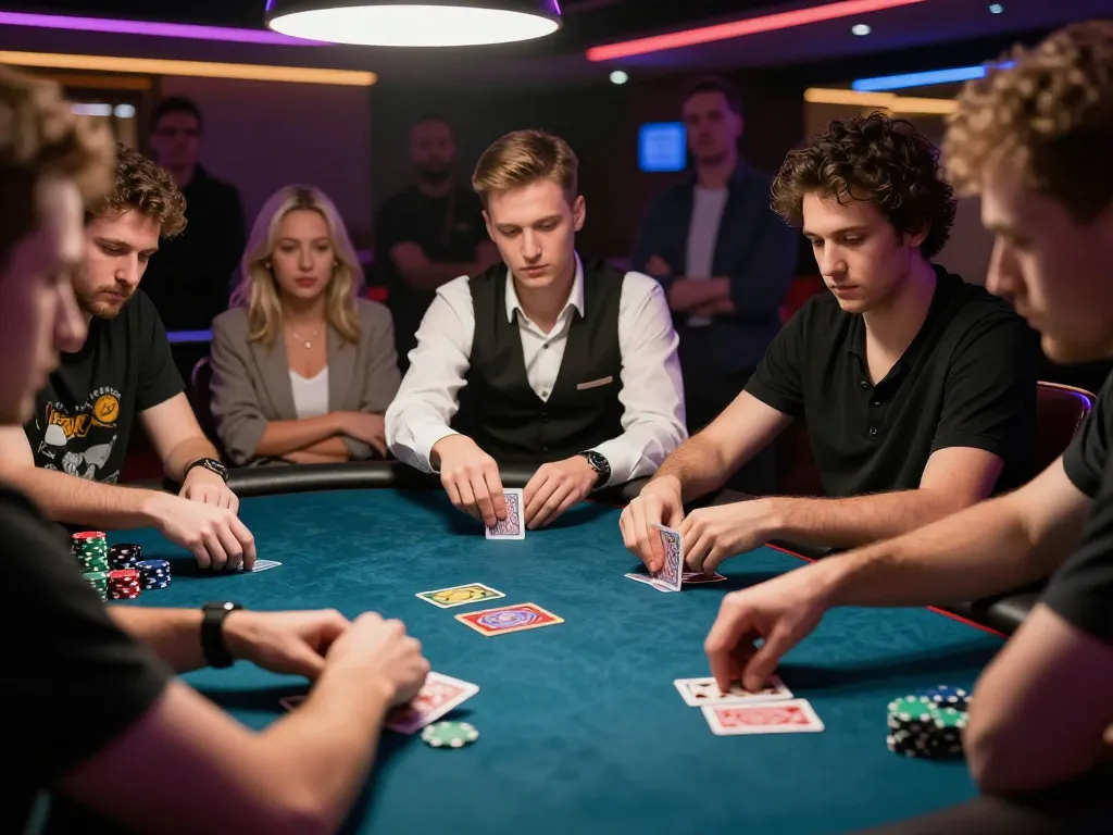 Engaged players strategizing in a high-stakes poker game while eagerly awaiting หนังใหม่ชนโรง updates.