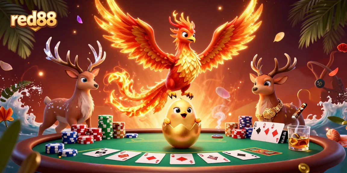 Bet on red88 with a vibrant 3D illustration showcasing a rich casino scene with a phoenix and poker elements.