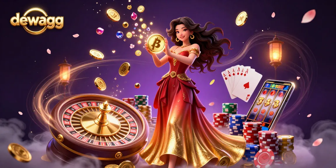 Experience the excitement with dewagg's vibrant illustration featuring a stunning casino scene with golden elements and gaming action.