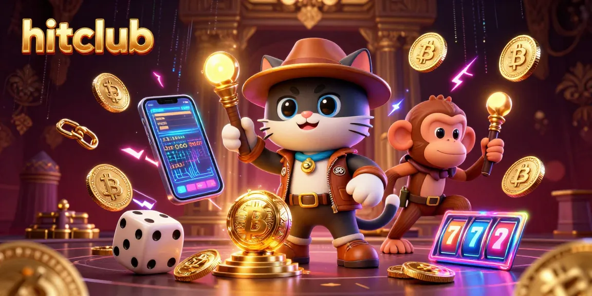 Engage the hitclub experience with a 3D cat archaeologist uncovering golden casino treasures amidst energy and crypto elements.