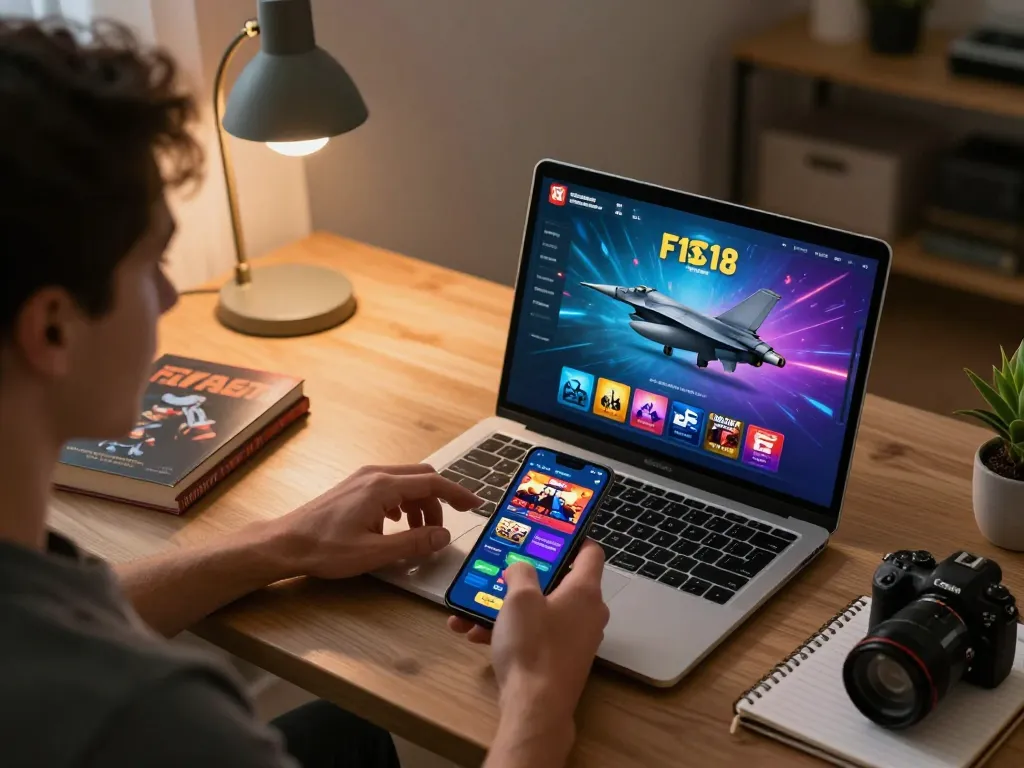 Experience dynamic gameplay with f168slot mobile app on sleek desk during relaxed home gaming session.