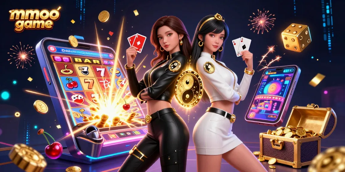 Engage with the thrilling mmoo game depicted in a vibrant casino scene showcasing stunning characters, slot machines, and jackpot excitement.