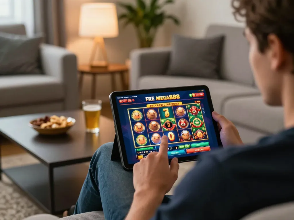 Engaging with free credit mega888 on a tablet, showcasing a cozy online gaming atmosphere.