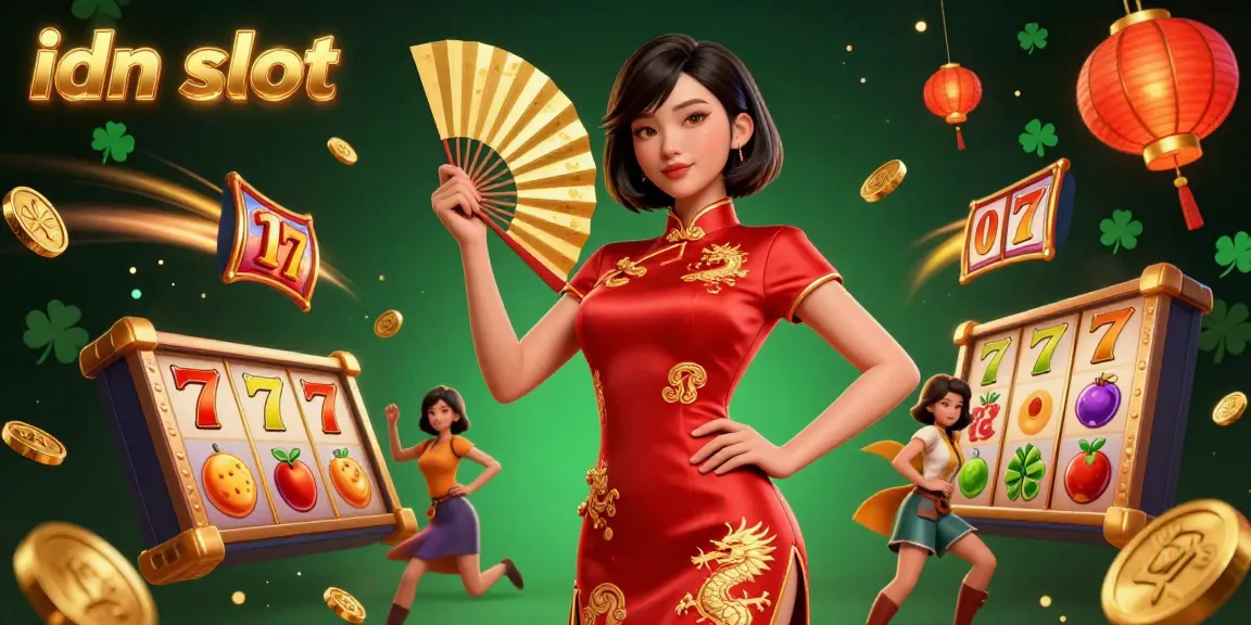 Spin the reels in the vibrant idn slot world with a stunning Asian woman amidst cascading gold coins.