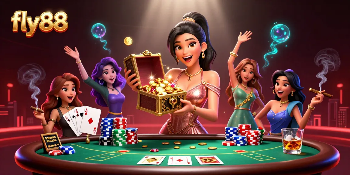 Engage in thrilling gameplay at fly88 with a joyful Asian woman presenting treasures from a vibrant casino scene.