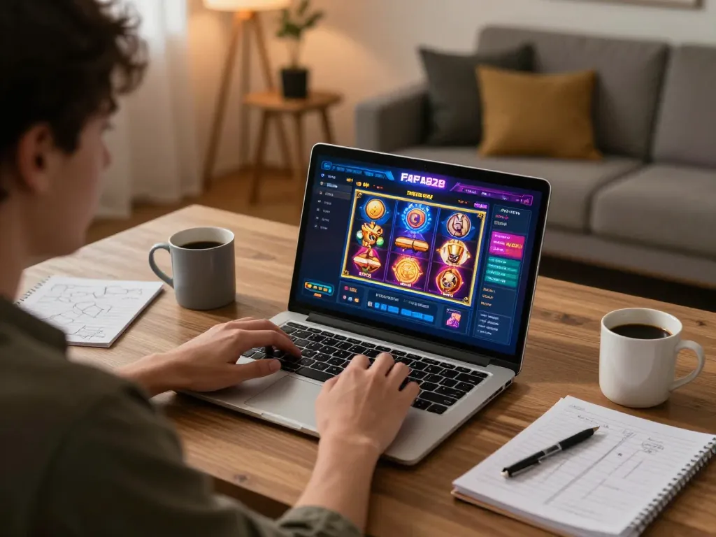 Engaging with FAFA828 slot games on a laptop, showcasing a cozy online gaming experience.