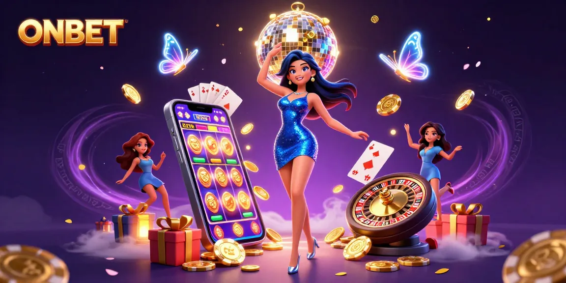 Experience thrilling gameplay at ONBET with vibrant casino elements showcasing animated slots and a glamorous atmosphere.