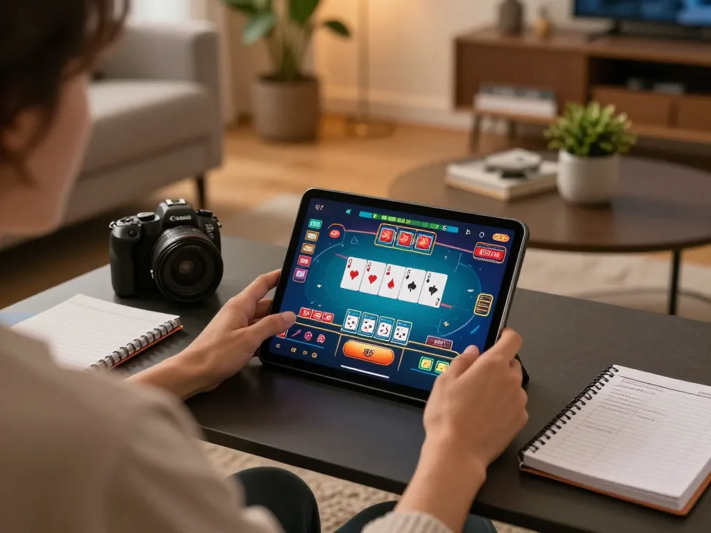 Jilipinas player enjoying an online poker game on a tablet in a cozy setting