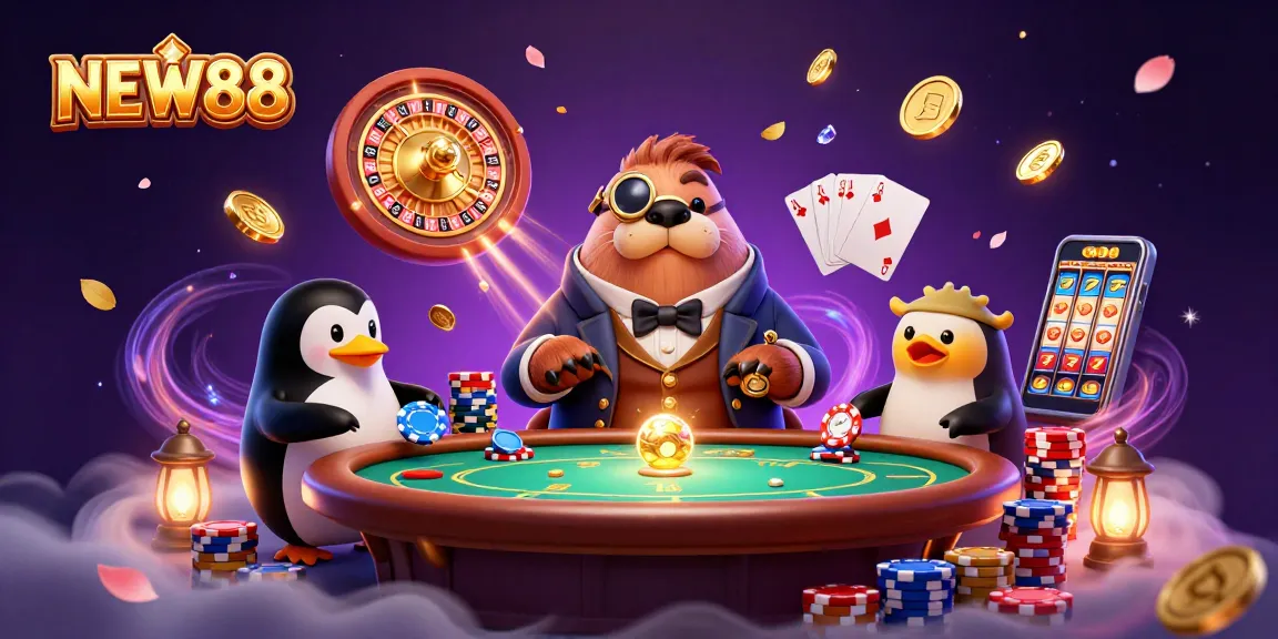 Experience thrilling gambling action in NEW88's underwater casino with vivid characters and dynamic elements.