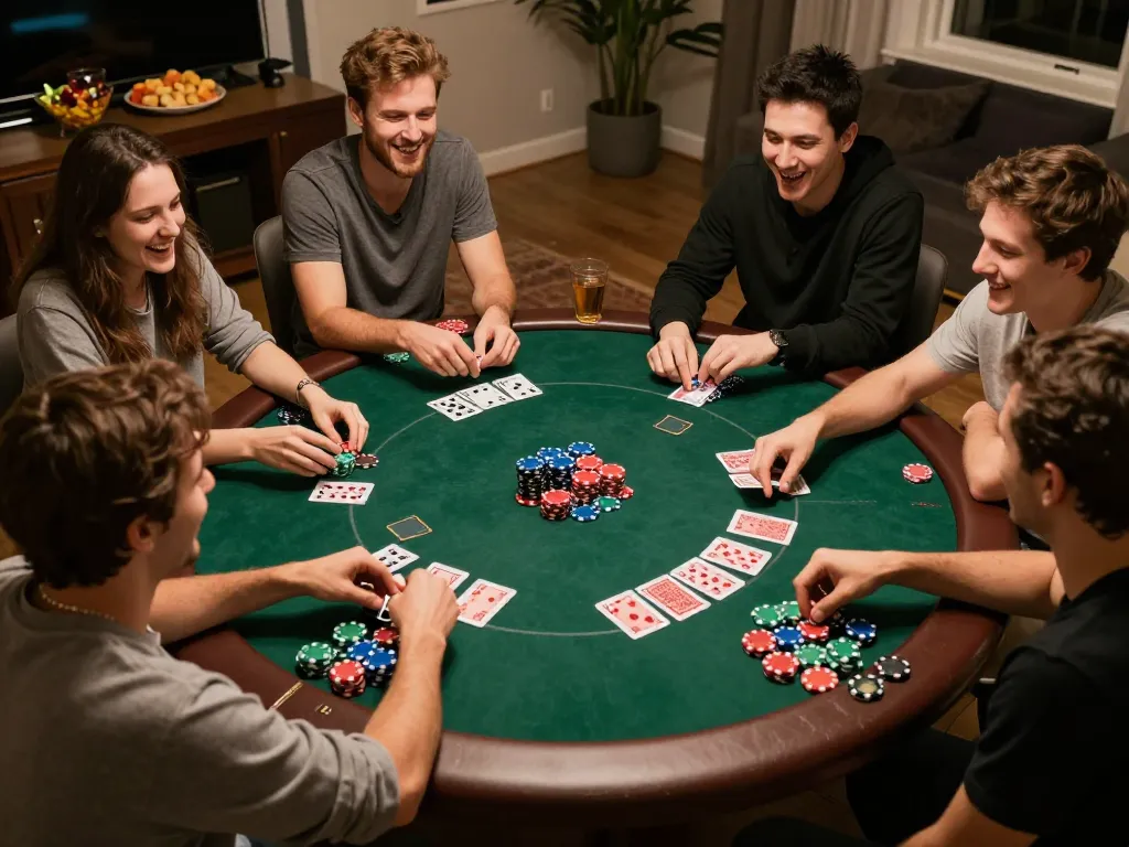 Engaging moment of friends enjoying poker at home, highlighting the excitement of ดูหนังใหม่ themed gatherings