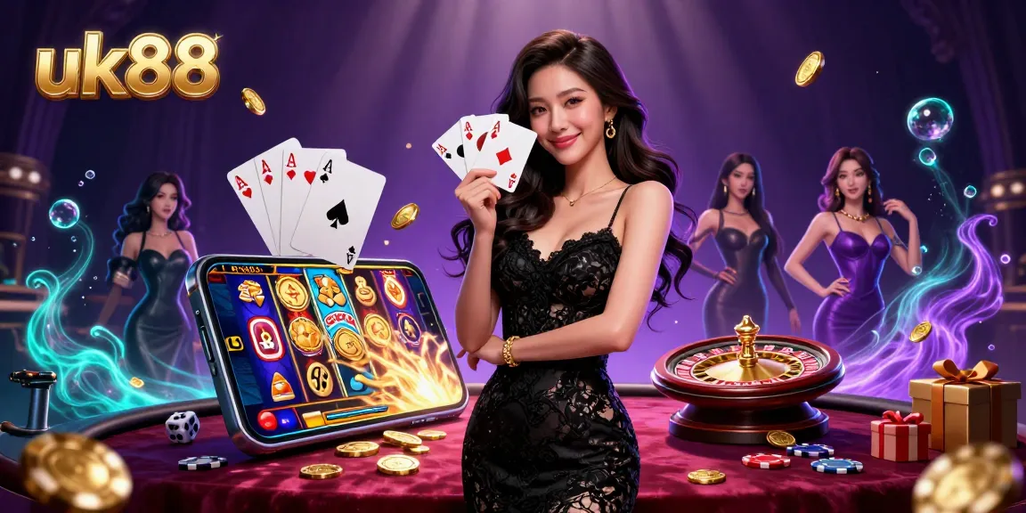 Experience excitement with uk88 as an elegant woman holds winning playing cards in a vibrant casino.