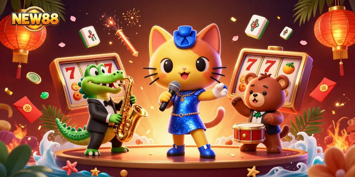 Experience the vibrant world of NEW88 with a lively jazz ensemble performing on a casino stage.