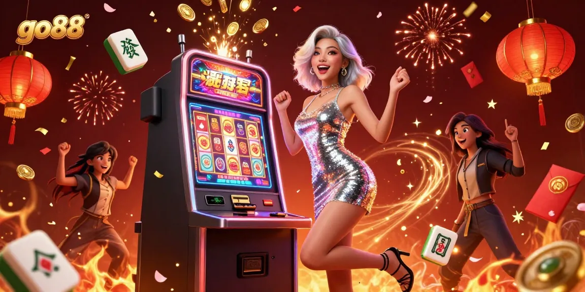 Experience the thrill of go88 with a stunning jackpot celebration featuring a glamorous woman and dynamic casino elements.