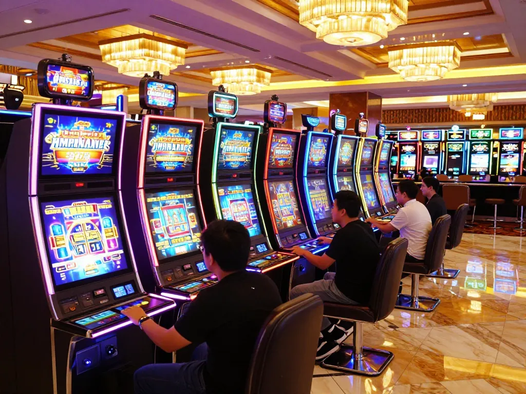 Experience the thrill of the vibrant situs slot scene with colorful machines and engaged players.