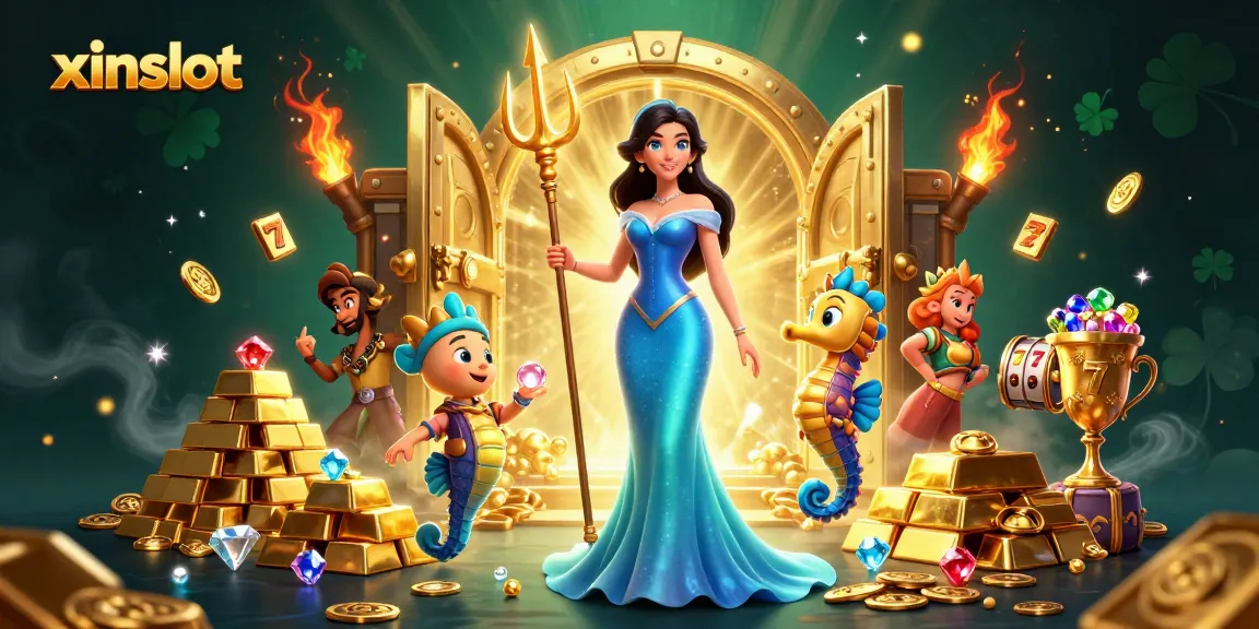 XINSLOT offers winning slot adventures with a glamorous woman, treasure, and vibrant casino symbols.