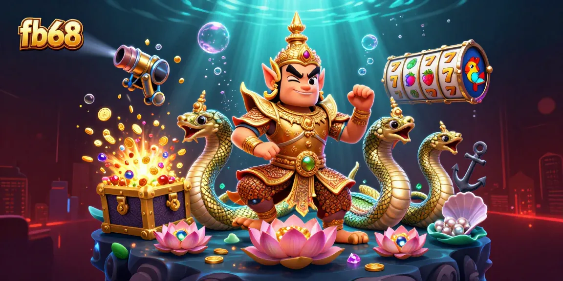 Play exciting casino games with fb68's vibrant illustration of a Thai temple guardian and gold treasures.