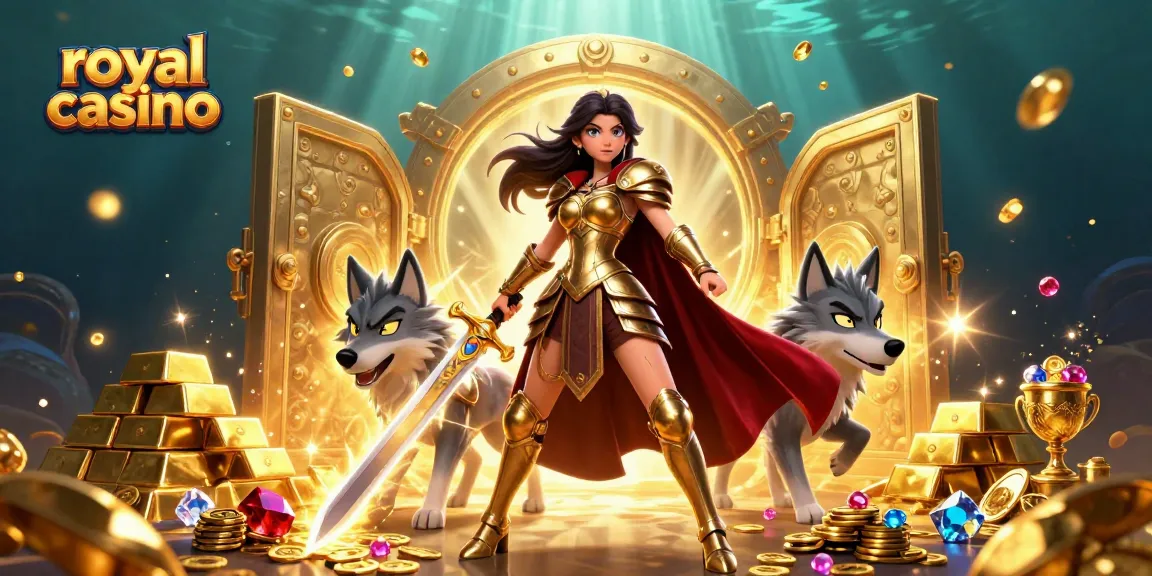 Experience the royal casino with a warrior queen and treasure-filled scene, showcasing thrilling gameplay.