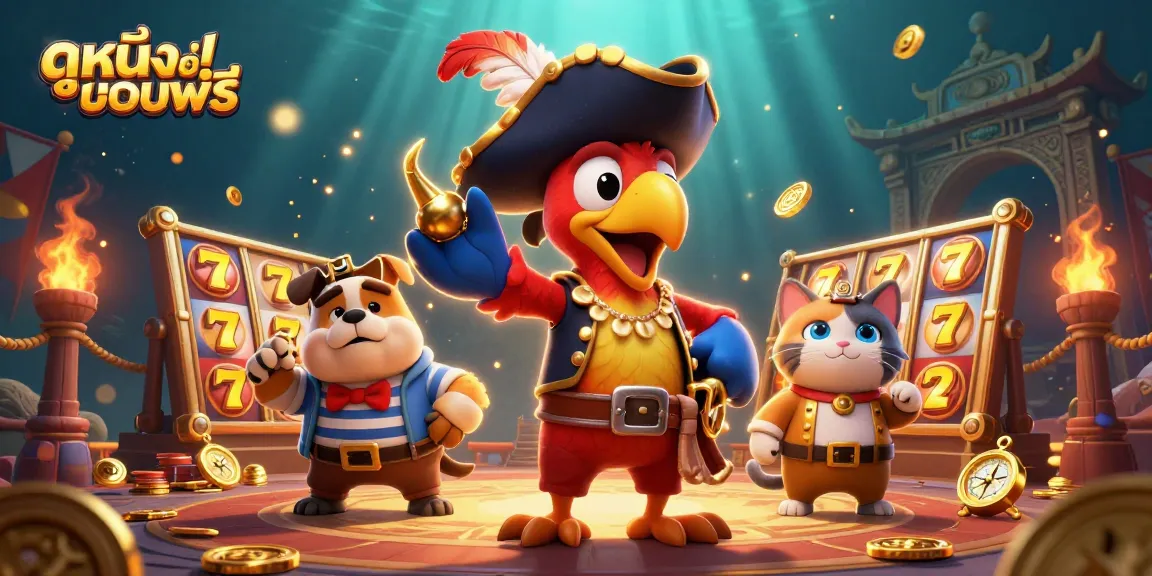 Experience ดูหนังออนไลน์ฟรี with a thrilling casino adventure featuring a pirate captain, bulldog, and cat, surrounded by slot machine elements.