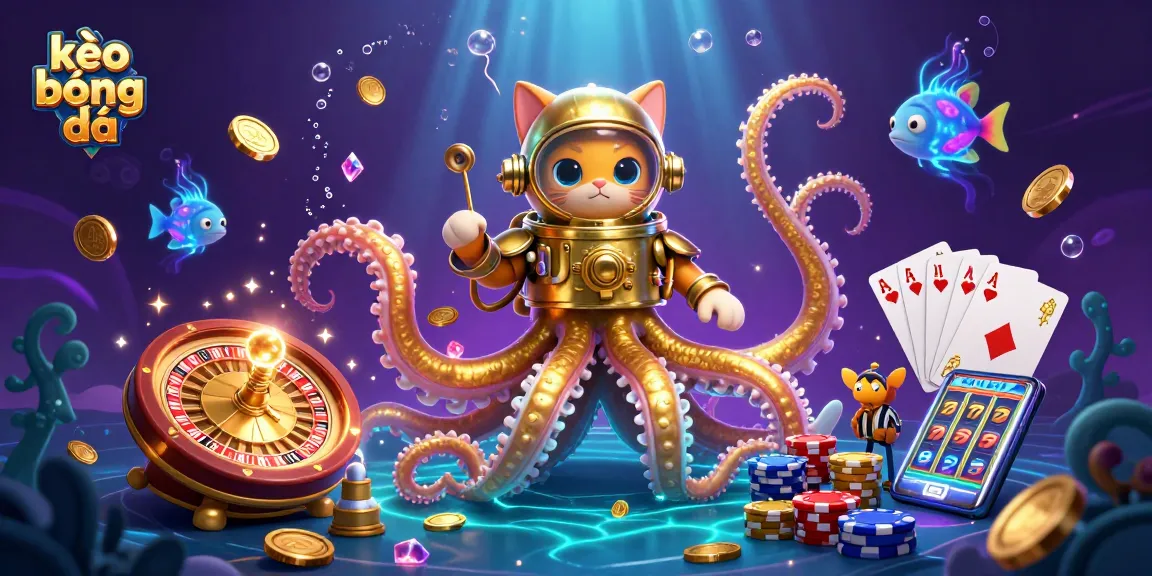 Experience kèo bóng đá with an exciting underwater scene featuring a kraken, diving cat, and glowing fish.