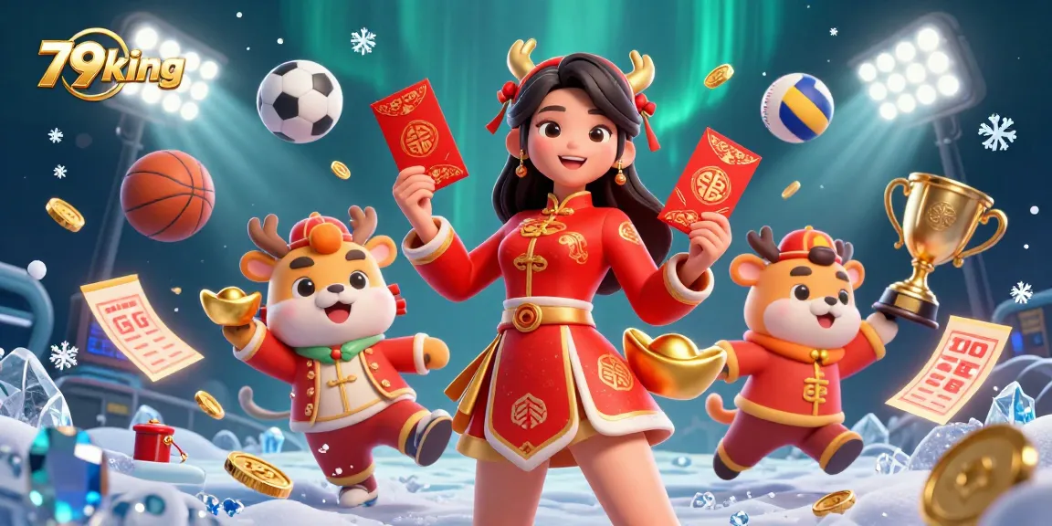 Experience thrilling gameplay with 79king, featuring vibrant characters and dynamic sports elements in a festive casino scene.