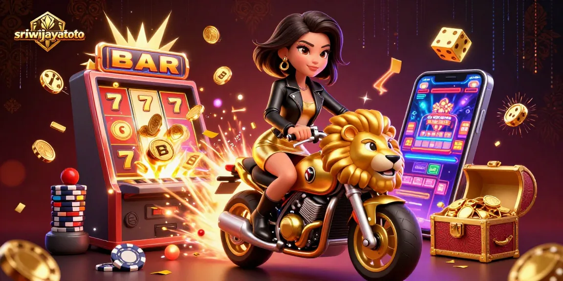 Sriwijayatoto slots scene with a glamorous woman on a golden lion mascot amidst winning casino symbols.