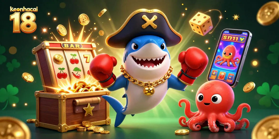 Spin to win with keonhacai 18's dynamic casino illustration featuring animated characters, coins, and excitement.