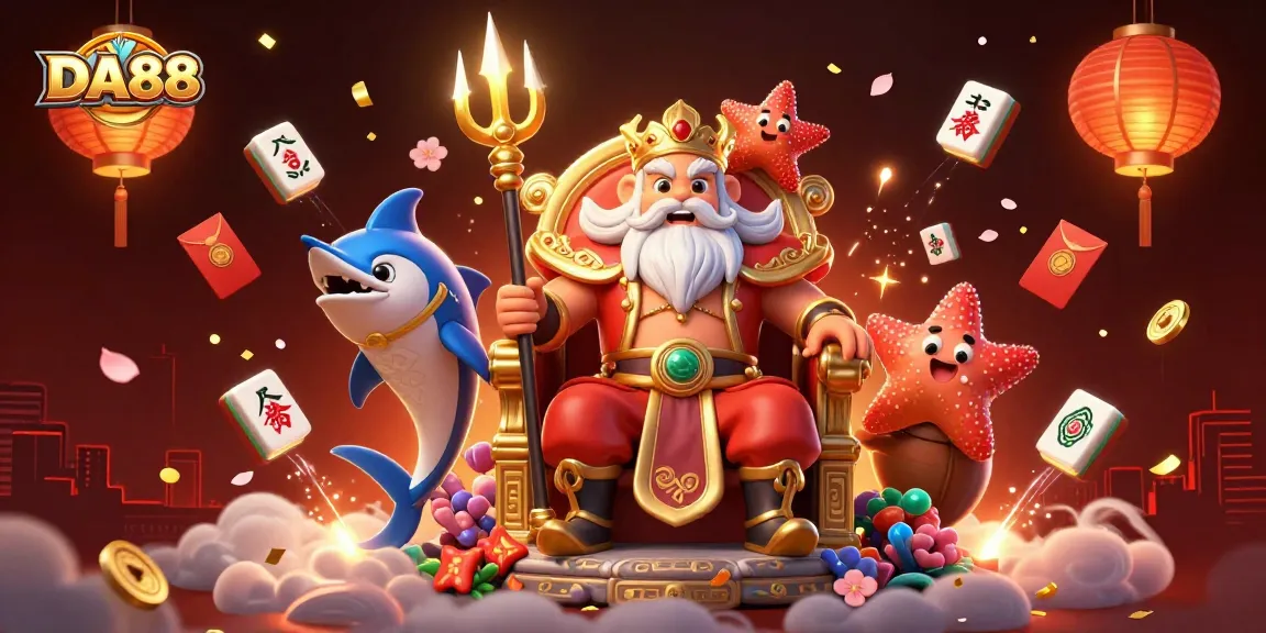 Experience excitement with DA88 in a vibrant casino scene featuring Neptune and dynamic gaming elements.