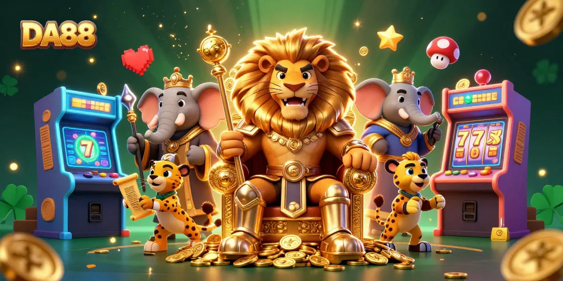Experience thrilling DA88 casino gameplay with a lion king, elephant, and cheetah amidst vibrant slots.
