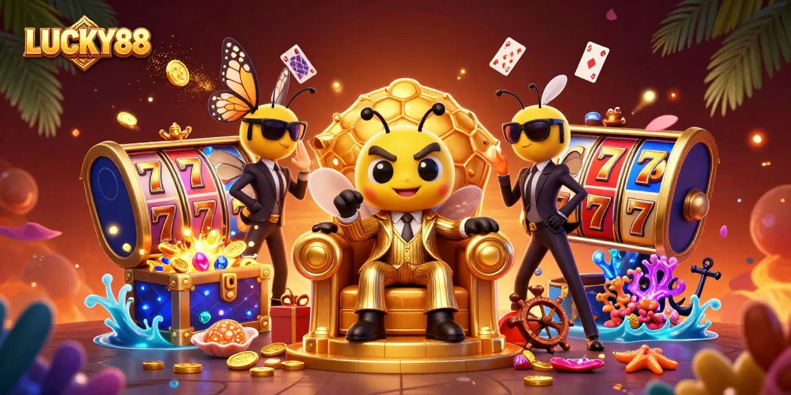 Experience the thrill of LUCKY88 with a lively casino scene featuring a charming bumblebee mob boss and vibrant slot elements.