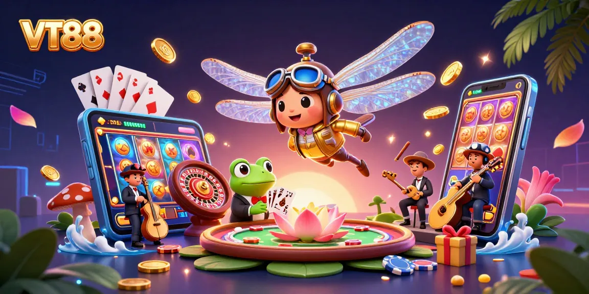 Engage with VT88 at the vibrant lily pad casino, where a frog croupier and dragonfly pilot create a lively atmosphere.