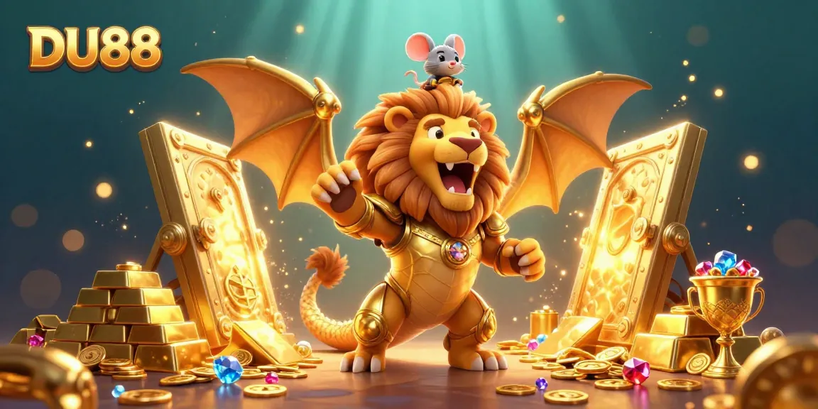 Experience thrilling wins at DU88 with a majestic golden chimera and treasures of a bustling casino.