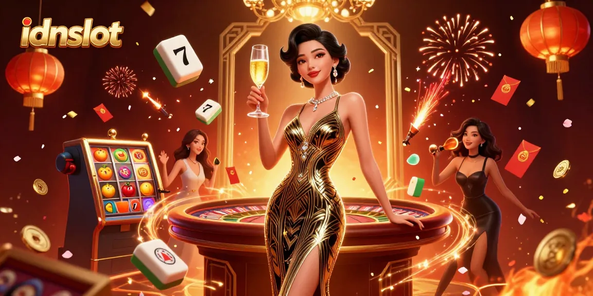Experience the allure of idnslot with a glamorous scene featuring a stylish woman, slot reels, and celebratory elements.