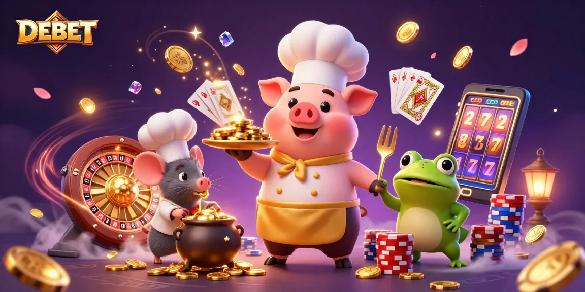 Engage with DEBET’s vibrant gaming scene featuring gold coins and dynamic casino elements.