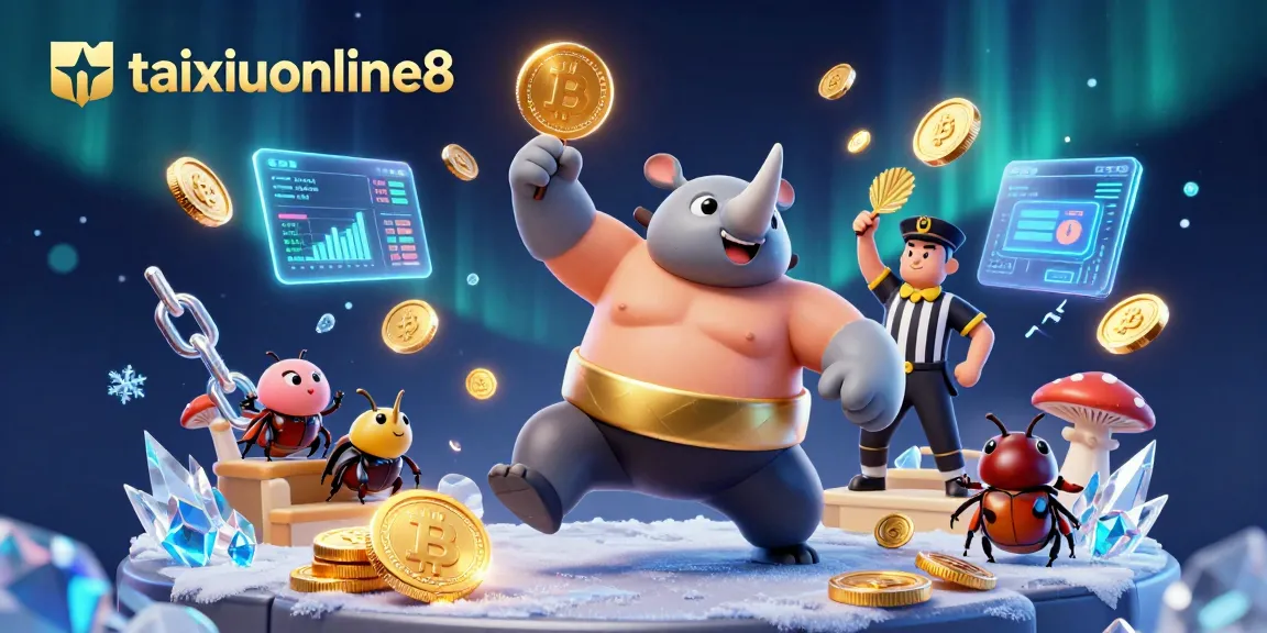 Engage with taixiuonline8's vibrant online gameplay featuring a cartoon beetle sumo champion among glowing crypto elements.
