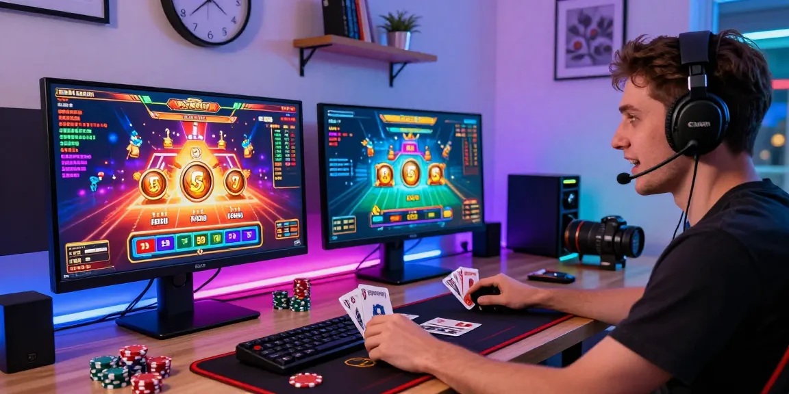 Engaging Mahajitu online gaming scene with player, vibrant screens, and gaming accessories.