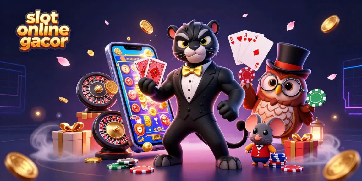 Visualisasikan slot online gacor dengan karakter kartun dan elemen kasino yang menggembirakan.