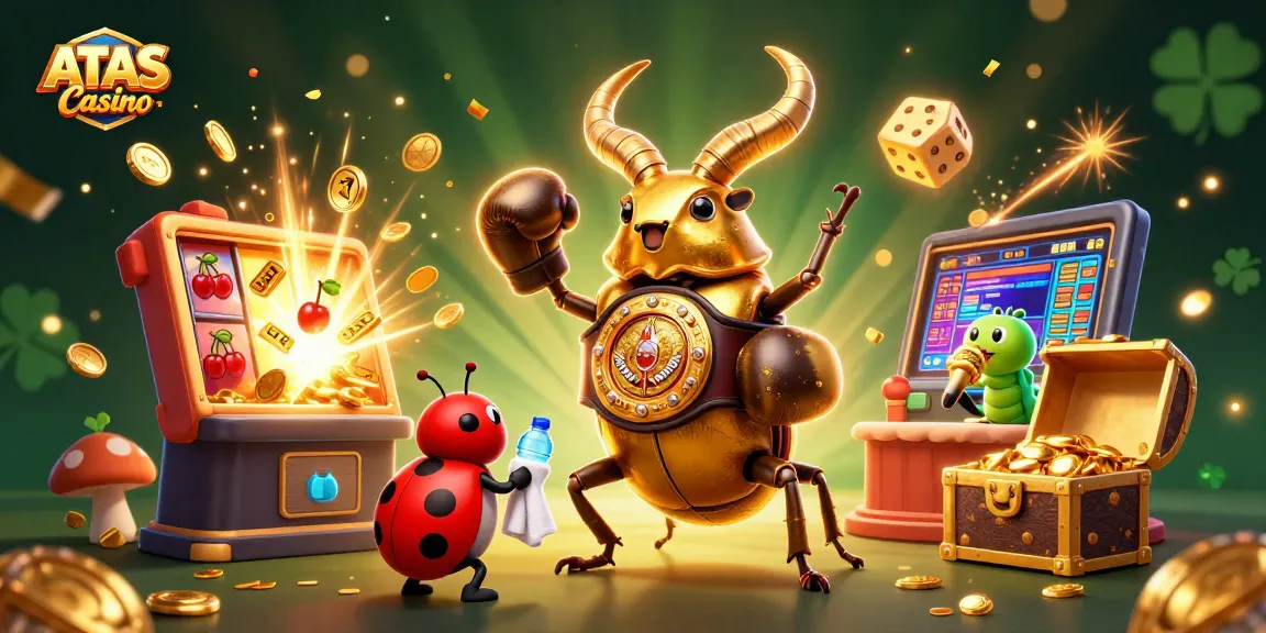 Engaging ATAS Casino scene with a golden stag beetle champion and lively casino elements.