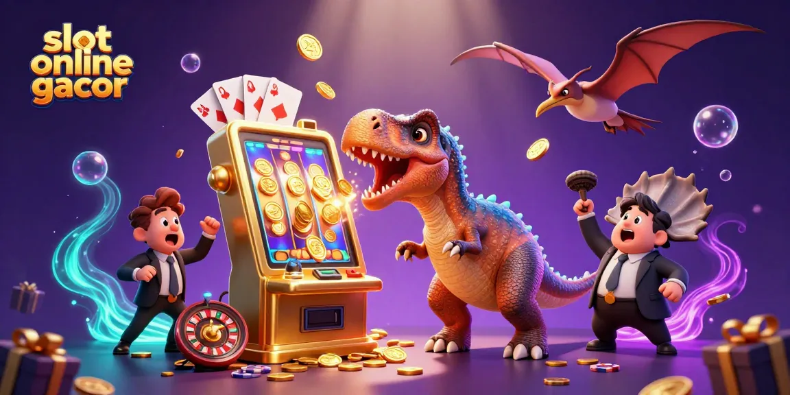 Slot online gacor menang jackpot dengan pachycephalosaurus menyerang mesin slot, situasi dengan banyak koin emas.