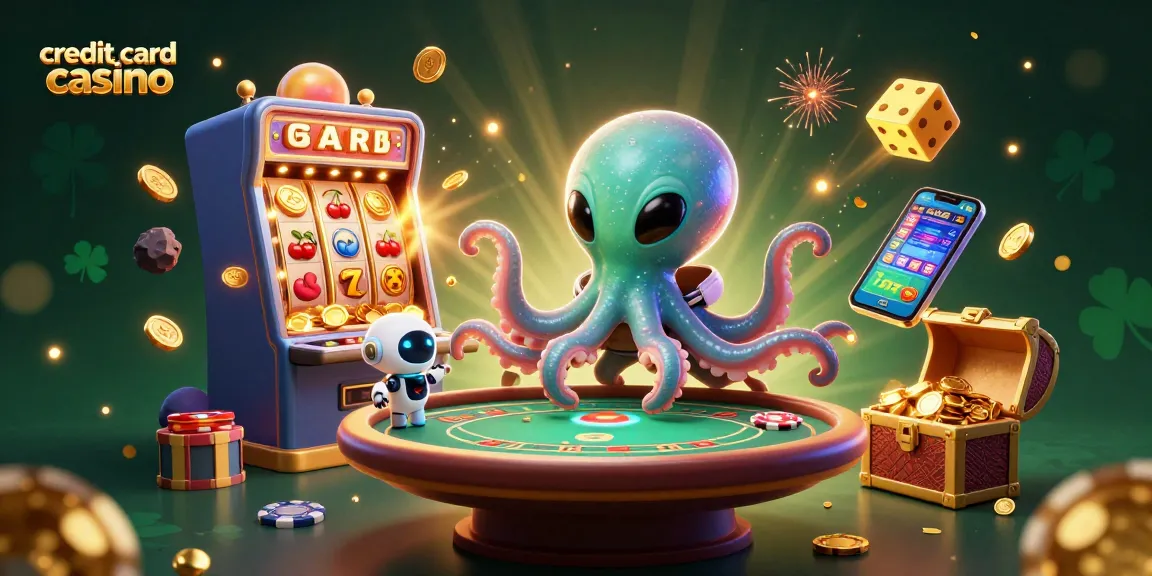 Playing at a credit card casino with an alien octopus and robot, featuring dynamic casino elements.