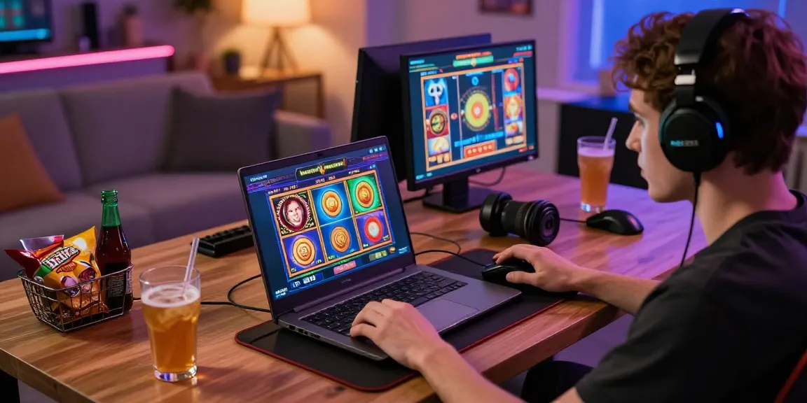 Engaging with new uk slot sites in a vibrant home gaming setup with colorful screens and snacks.