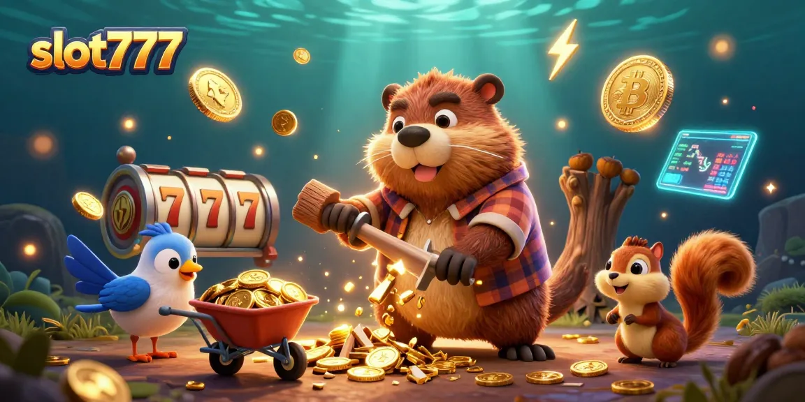 Spin and win with slot777 offers while the cartoon lumberjack beaver rains golden coins and slot symbols fill the scene.