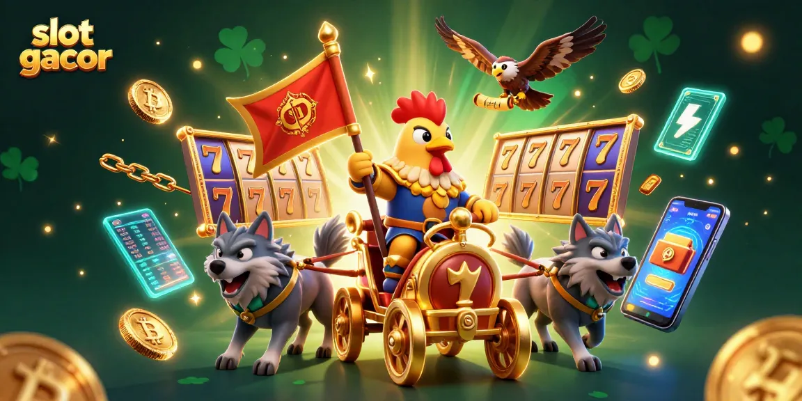 Experience slot gacor magic with a cartoon rooster warlord and treasure-filled scene.