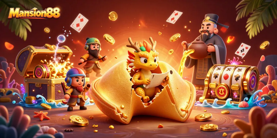 Mansion88 players win big at an ultra-detailed 3D casino illustration showcasing golden rewards and vibrant gaming elements.
