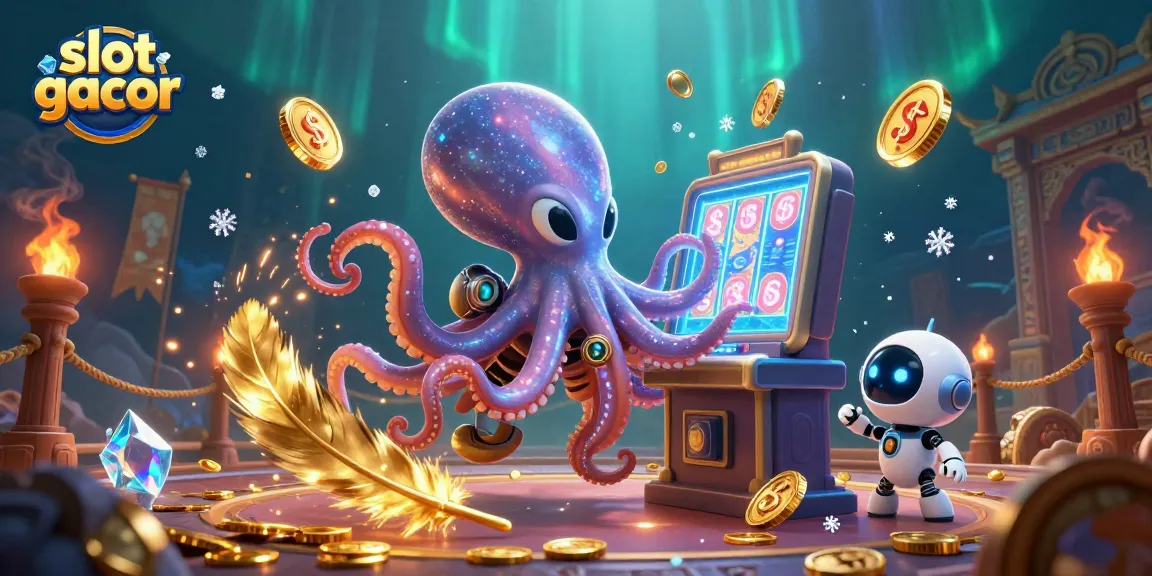 Engage in thrilling slot gacor action with an alien octopus and robot amid sparkling casino visuals.