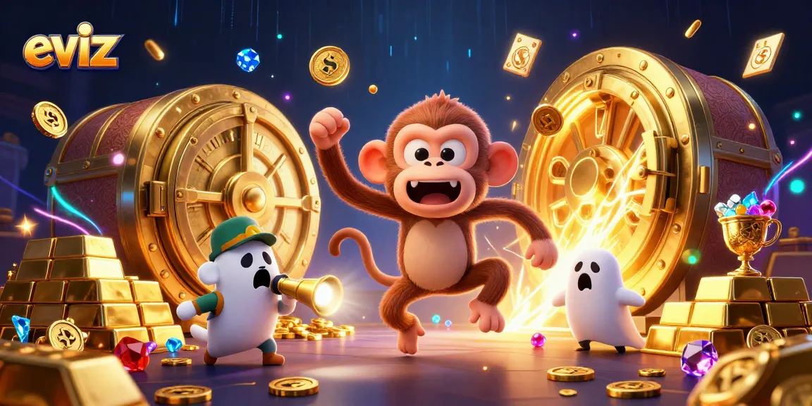 Win big at eviz casino with a playful poltergeist monkey and ghost-hunter puppy in a vibrant, treasure-filled scene.