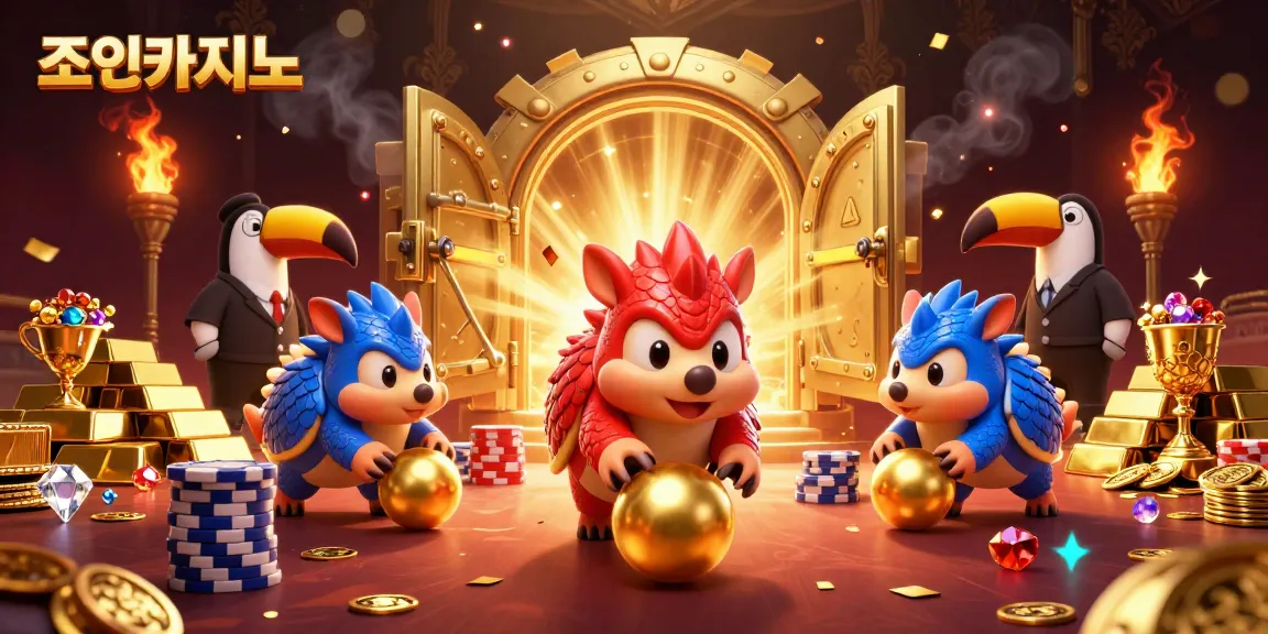Experience thrilling gameplay at 조이카지노 with animated pangolins and golden treasures in a vibrant casino scene.