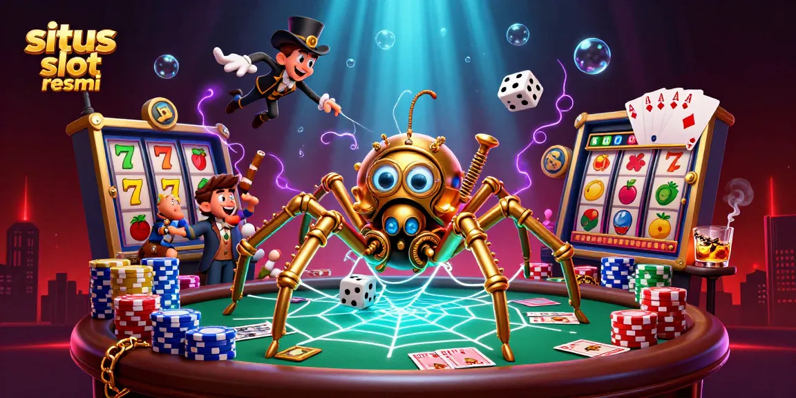 Engage with the dynamic world of situs slot resmi featuring a golden spider web loaded with poker elements and vibrant slot symbols.