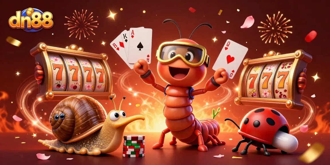 Experience dn88's vibrant casino atmosphere with a dynamic 3D illustration featuring a millipede dealer and high-roller snail.
